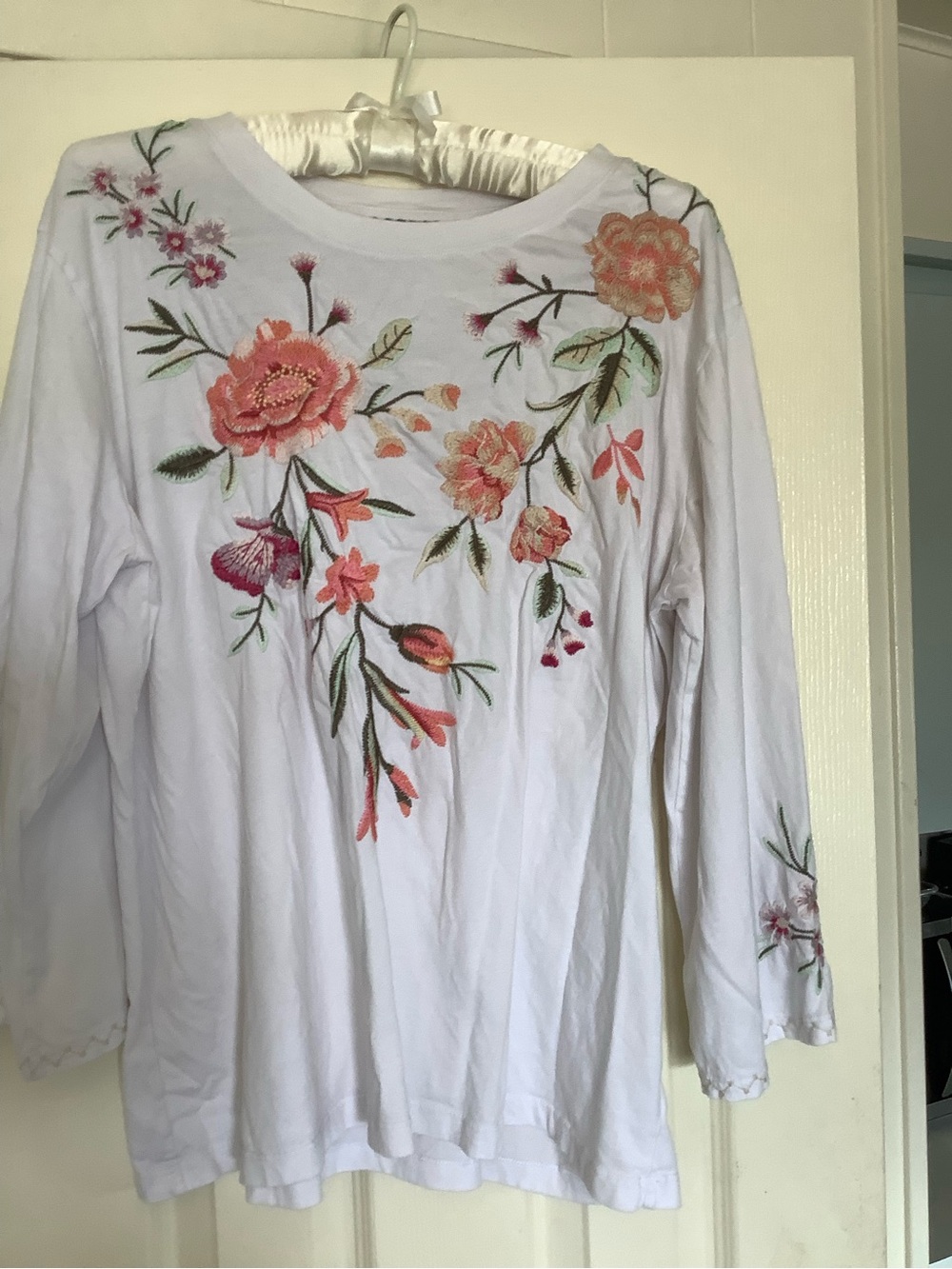Johnny Was White Long-Sleeve Tee with Pink and Coral Floral Embroidery